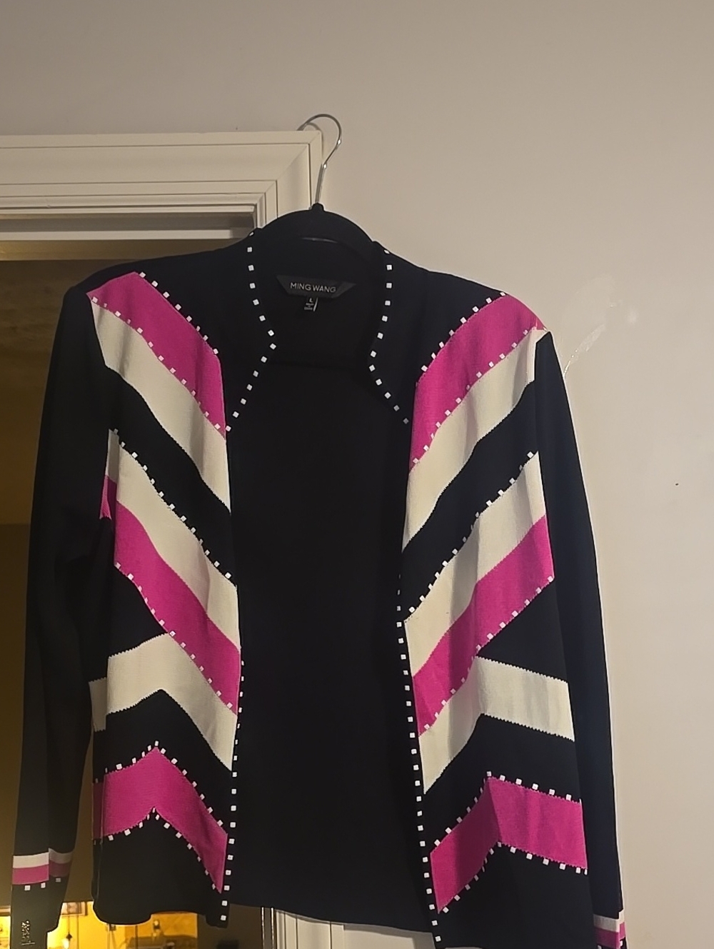 Ming Wang Black Cardigan with Pink and White  Chevron Accents